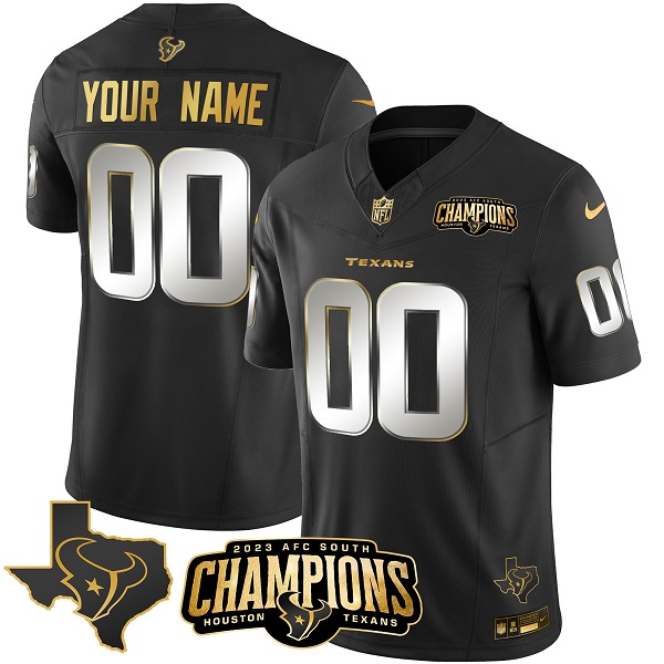 Men's Houston Texans Active Player Custom Black Golden 2023 F.U.S.E. AFC South Champions Patch And Team Logo Patch Limited Football Stitched Jersey